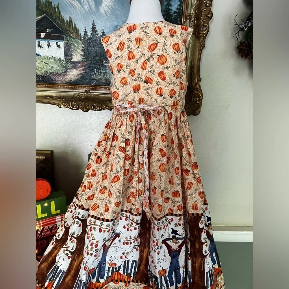 🎃 Girls Handmade Halloween Scarecrow Pumpkin Patch Sleeveless Dress